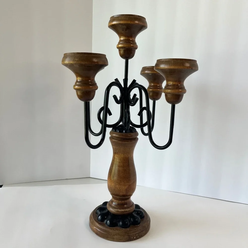 Vintage Wood and Wrought Iron 5 Light Candelabra Candle Holder Centerpiece Brown